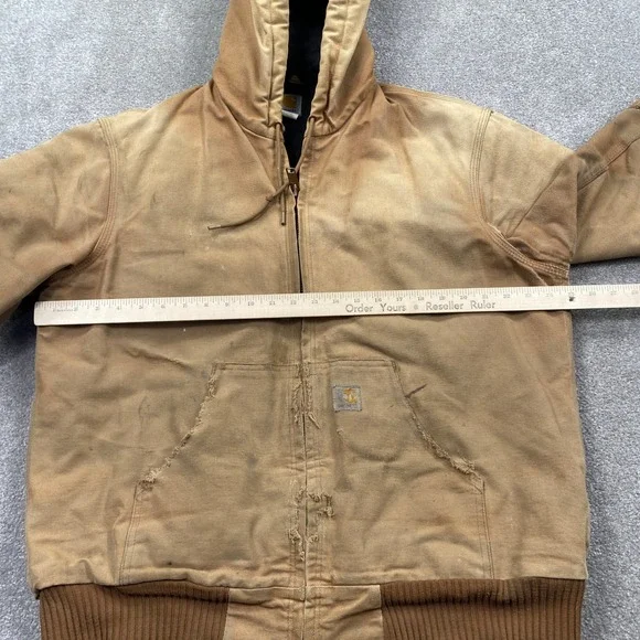 Carhartt Mens Tan Canvas Hooded Work Jacket Lined Full Zip Distressed Size M